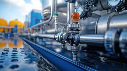 Fototapeta premium Industrial plant valve closeup, pipes, gauges, outdoors, process