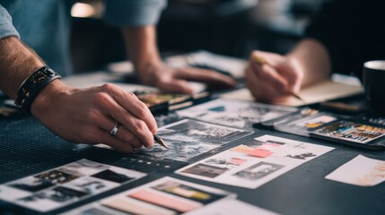 Fototapeta premium Person Analyzing Photos with Pencil