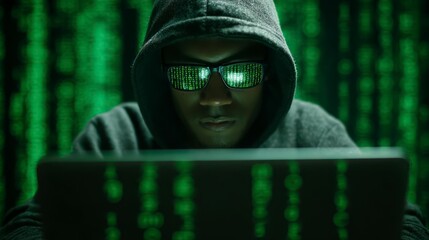 Hacker with Laptop and Code Reflected in Glasses