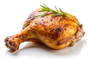 Delicious roasted chicken leg recipe with herbs isolated on white background