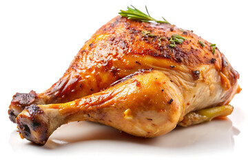 Delicious roasted chicken leg recipe with herbs isolated on white background
