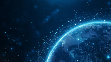 A minimalist and luxurious AI tech background featuring a glowing Earth in soft blue, abstract neural lines, and futuristic elements