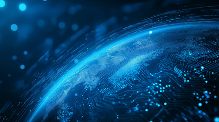 A minimalist and luxurious AI tech background featuring a glowing Earth in soft blue, abstract neural lines, and futuristic elements