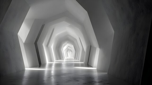 Experience immersive 3D geometric tunnel crafted in monochrome palette guiding viewers through enthralling optical illusions
