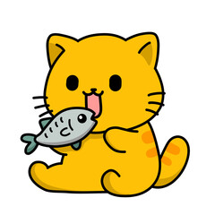 Vector illustration of a cartoon cat sitting smiling happily eating a fish, cat icon, cat sticker and good as logo.