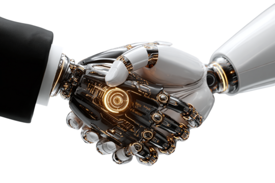White robotic arm shaking human hand in black suit, AI and collaboration theme, transparent background 