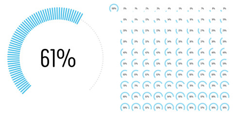 Set of circular sector arc percentage diagrams meters progress bar from 0 to 100 ready-to-use for web design, user interface UI or infographic - indicator with blue