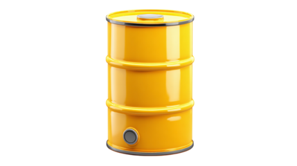 Yellow fuel barrel icon, oil drum in cartoon 3D plastic style. Isolated on transparent background 