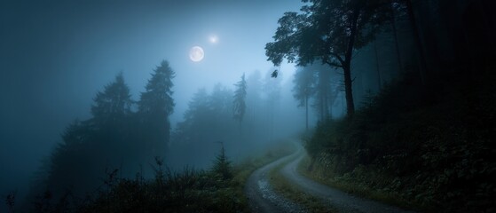 Fototapeta premium Enigmatic Moonlight Path: A Serene Night in the Misty Forest