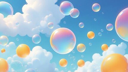 Fototapeta premium Floating Soap Bubbles in a Blue Sky with White Clouds Background