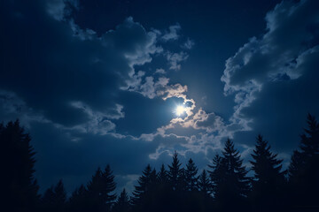 Fototapeta premium Night Sky with Moon Shining Through Clouds Over Forest
