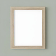 A simple wooden frame with a natural finish, mounted on a muted green wall, enclosing an empty white space.