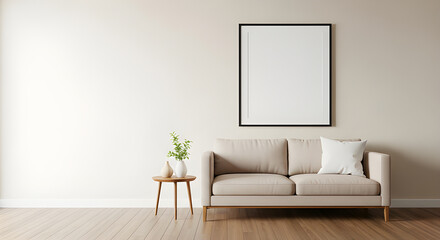 A light, minimalist living space featuring a beige sofa, a potted plant, a side table, and an empty framed picture on a white wall.
