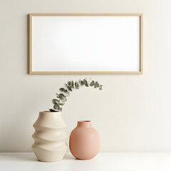 A minimalist display featuring a textured beige vase with greenery and a soft pink vase, next to a blank wooden-framed canvas.
