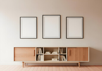 A modern living space featuring a light wood sideboard with open shelves and three empty framed pictures on the wall.