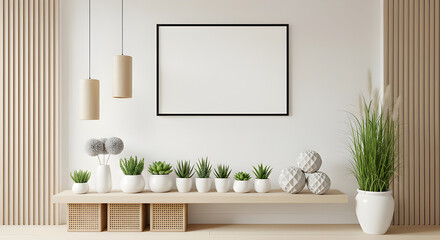 Minimalist interior featuring a wooden shelf with potted plants, framed artwork, and pendant lights against a light wall.