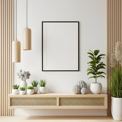 A minimalist interior featuring a wooden shelf with potted plants, a blank framed picture, and two pendant lights against a white wall.
