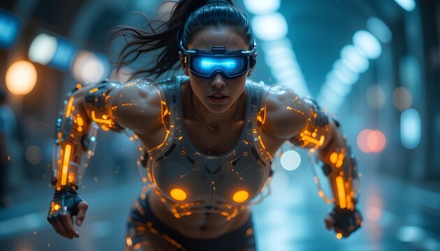 Biotech-enhanced athlete running with glowing prosthetics and augmented vision gear”