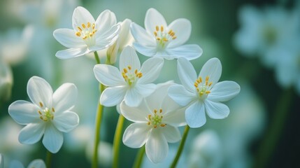 Fototapeta premium Ethereal white anemone wildflowers blooming in a dreamy, sun-dappled spring forest with a soft focus background.