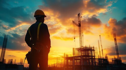 Construction worker observing the structure under construction against sunset