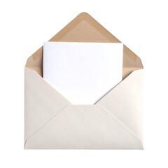 Light beige envelope with white paper inside isolated on a transparent background.