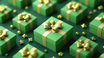 Festive green presents with golden bows and stars, beautifully arranged pattern