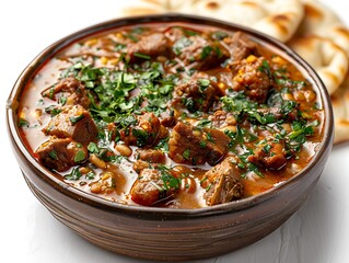 Pakistani-style nihari in a bowl with ginger garnish, naan bread on side, isolated on white