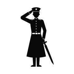 Silhouette of a united states marine in dress blues saluting with sword at his side