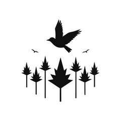Fototapeta premium Minimalist single bird gracefully soaring above a serene forest of stylized maple trees