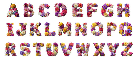 Naklejka premium Complete floral alphabet made of colorful flowers. Each letter is crafted using blooming blossoms in vibrant shades of pink, purple, yellow, white, and red, arranged on a clean white background.