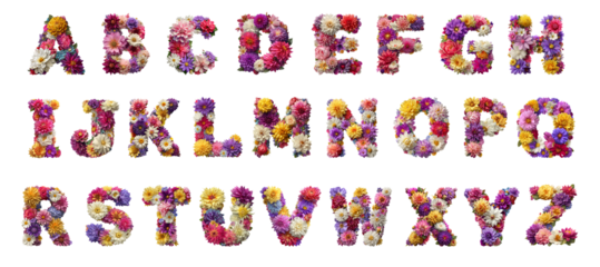  Complete floral alphabet made of colorful flowers. Each letter is crafted using blooming blossoms in vibrant shades of pink, purple, yellow, white, and red, arranged on a clean white background.