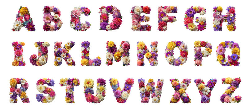  Complete floral alphabet made of colorful flowers. Each letter is crafted using blooming blossoms in vibrant shades of pink, purple, yellow, white, and red, arranged on a clean white background.