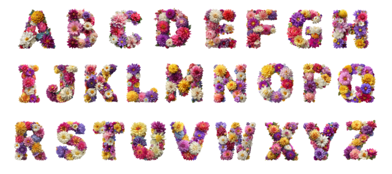 Complete floral alphabet made of colorful flowers. Each letter is crafted using blooming blossoms in vibrant shades of pink, purple, yellow, white, and red, arranged on a clean white background.