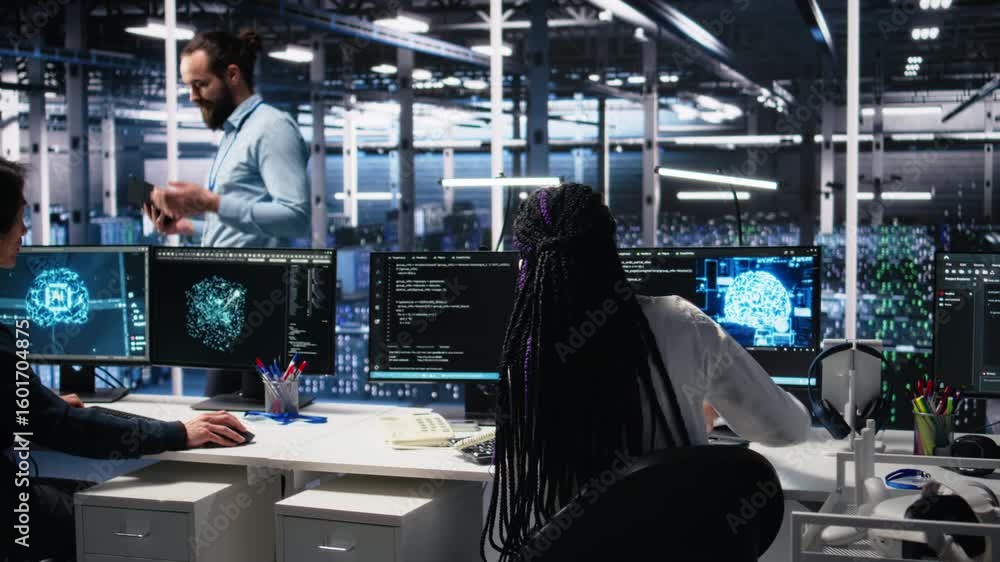 Poster engineer in data center answers telephone call, assisting users with ai troubleshooting. server room