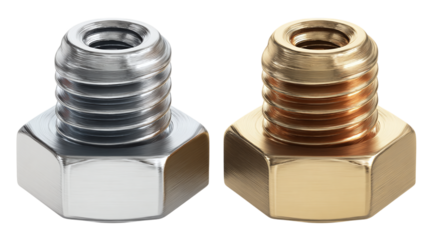 Bolt and nut pair in metallic finish, 3D cartoon hardware icon, isolated on transparent background 