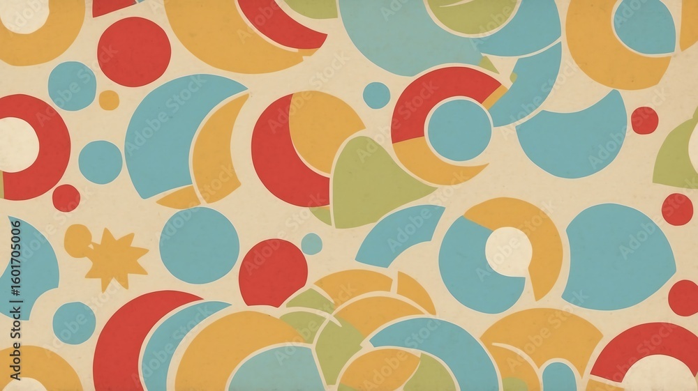 Poster abstract retro pattern with colorful circles and arcs on beige background
