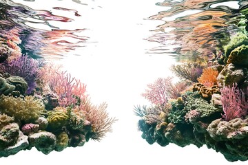 Vibrant underwater coral reef ecosystem with colorful corals and marine life reflection