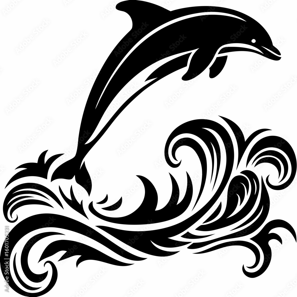 Poster a stylized black and white illustration of a dolphin jumping over abstract waves design element crea