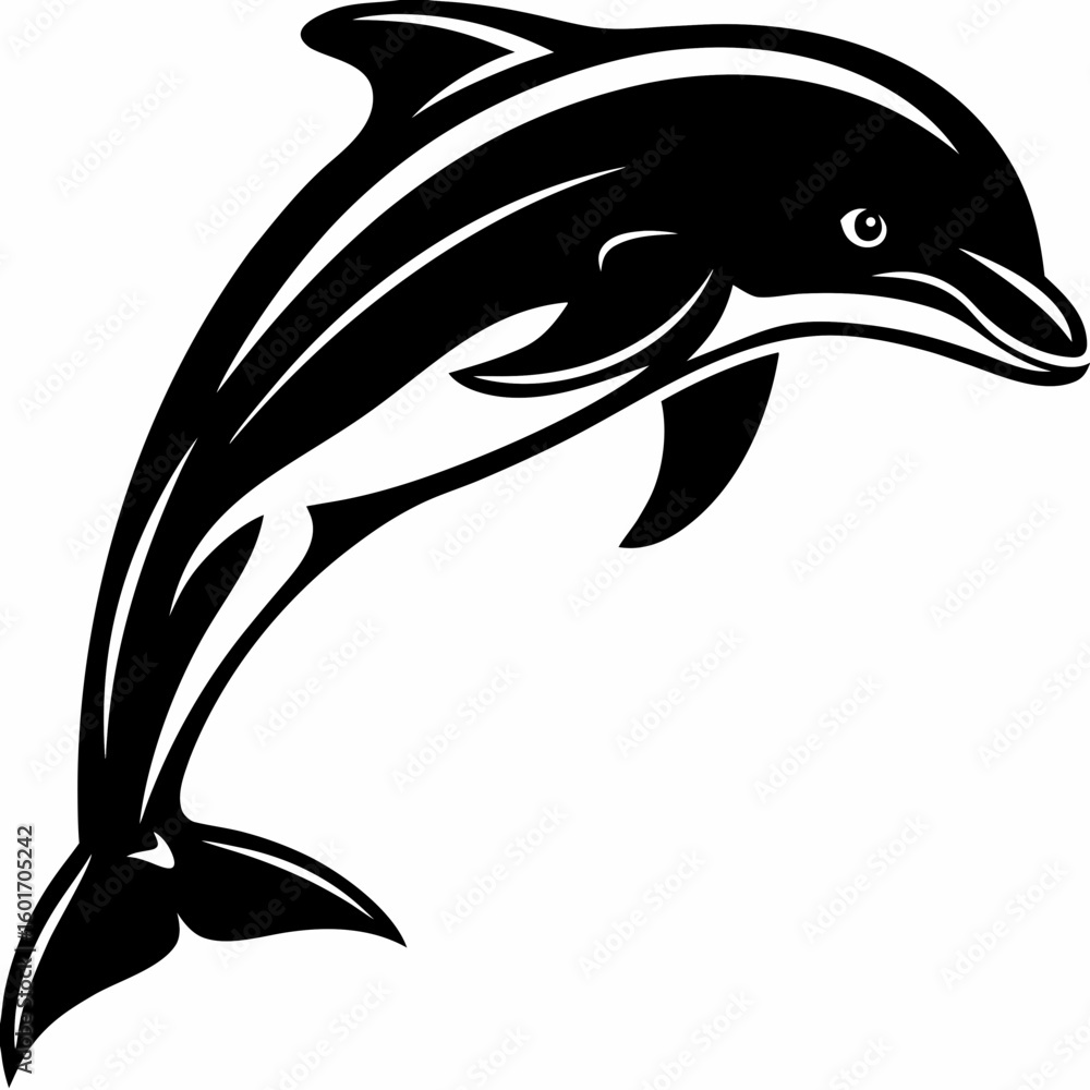 Poster a black and white vector image of a dolphin leaping upwards with stylized line work and a visible ey