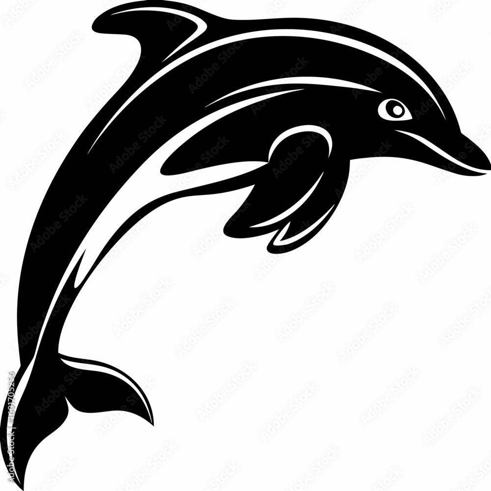 Poster illustration of a dolphin leaping upwards with smooth curves and a sleek black and white design styl