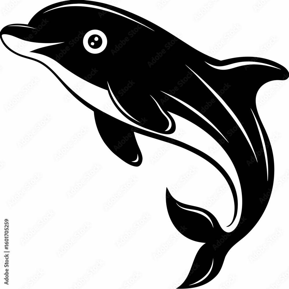 Poster illustration of a stylized dolphin jumping with a black and white color scheme and simple cartoon de
