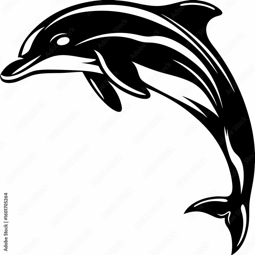 Poster a black and white vector image of a dolphin leaping upwards with curved lines and a visible eye deta