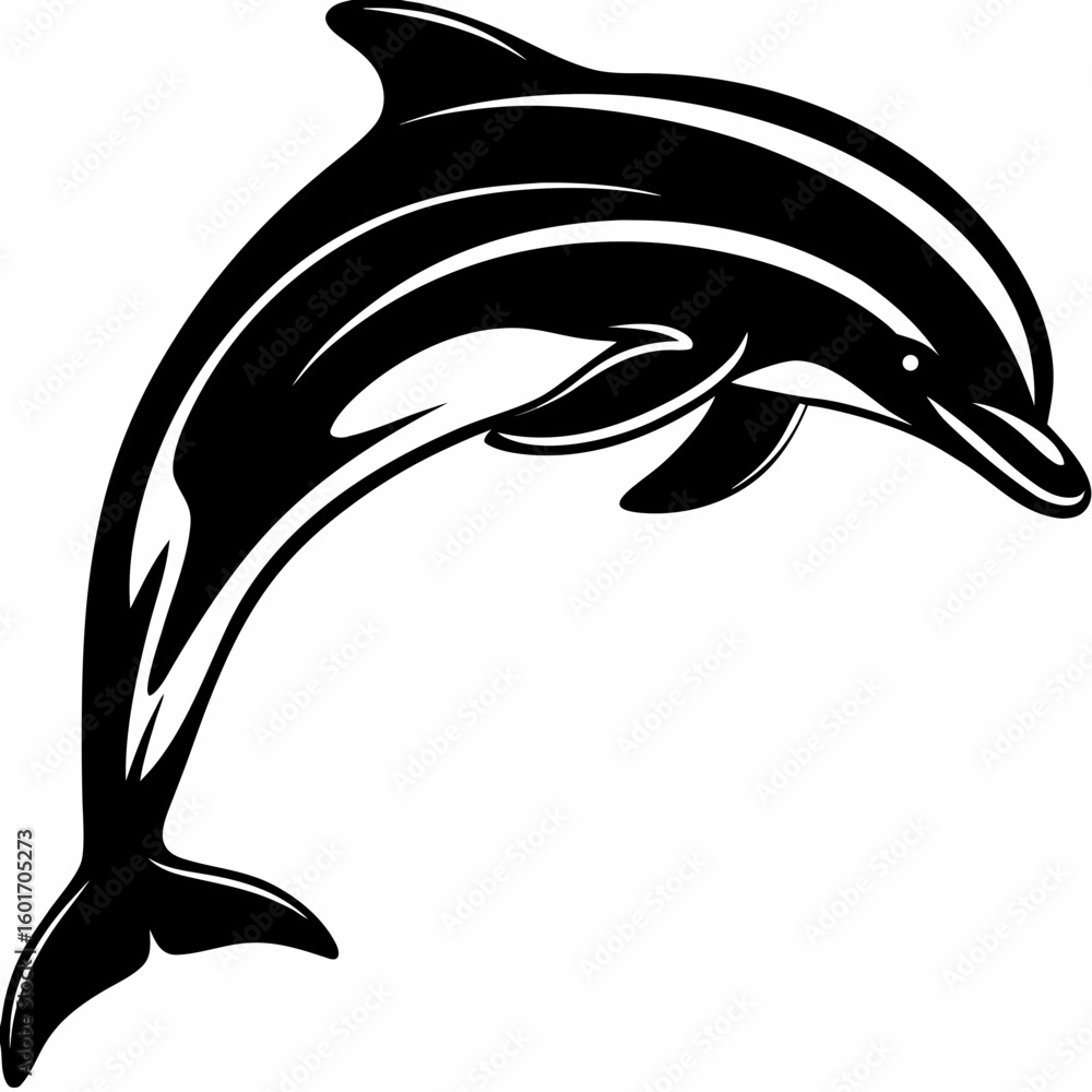 Poster a black and white vector image of a dolphin jumping out of water with a sleek and stylized design st