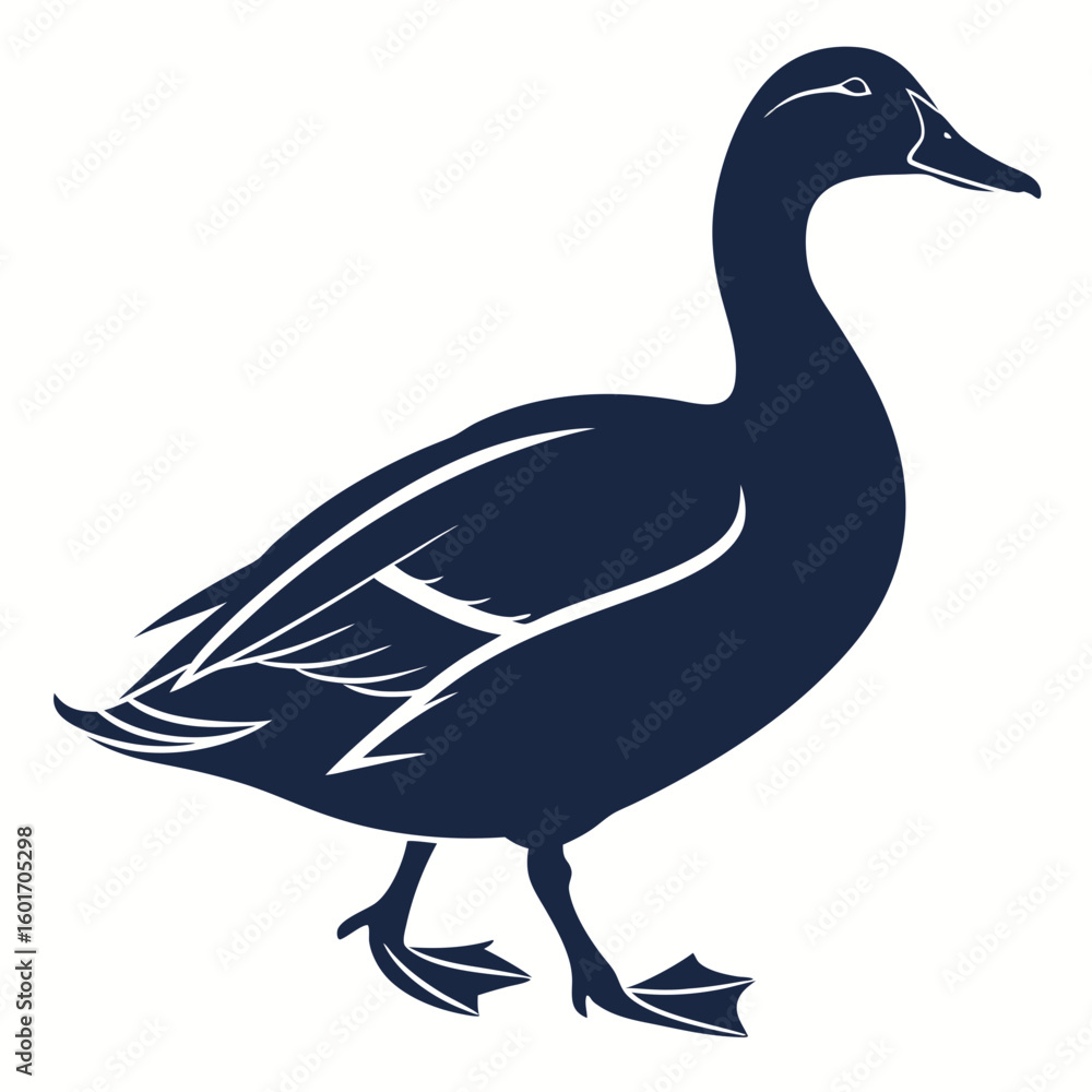 Poster silhouette of a dark duck with white accents standing on a white background in simple vector art cre