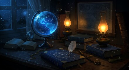 Astrological Desk with Illuminated Celestial Globe and Books