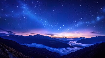 Cosmic starscape merging with misty mountain ranges, ethereal cloud sea at twilight, symbolizing universe-earth harmony for wallpaper, digital art