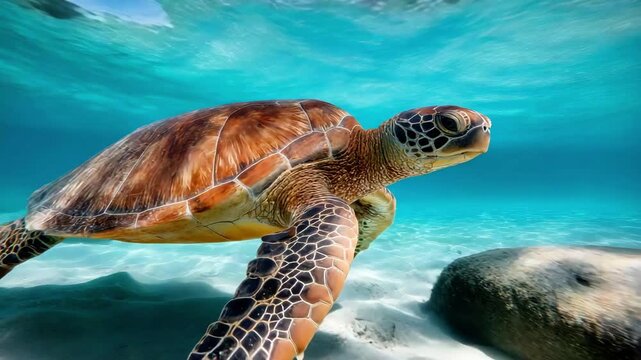 Sea turtle gracefully swimming in clear turquoise water, showcasing its patterned shell in ocean.
