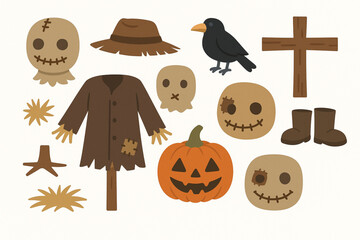 Halloween Scarecrow Elements Flat Vector Set, Spooky Autumn Character Illustrations