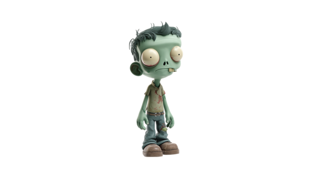 Cartoon zombie figure with greenish skin and blank stare in 3D - isolated on transparent background 