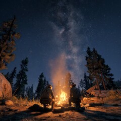Campfire Underneath a Starry Night Sky: A Serene Western Scene
